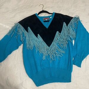 90/80s vintage cameo rose sweater with suede fringe size xl